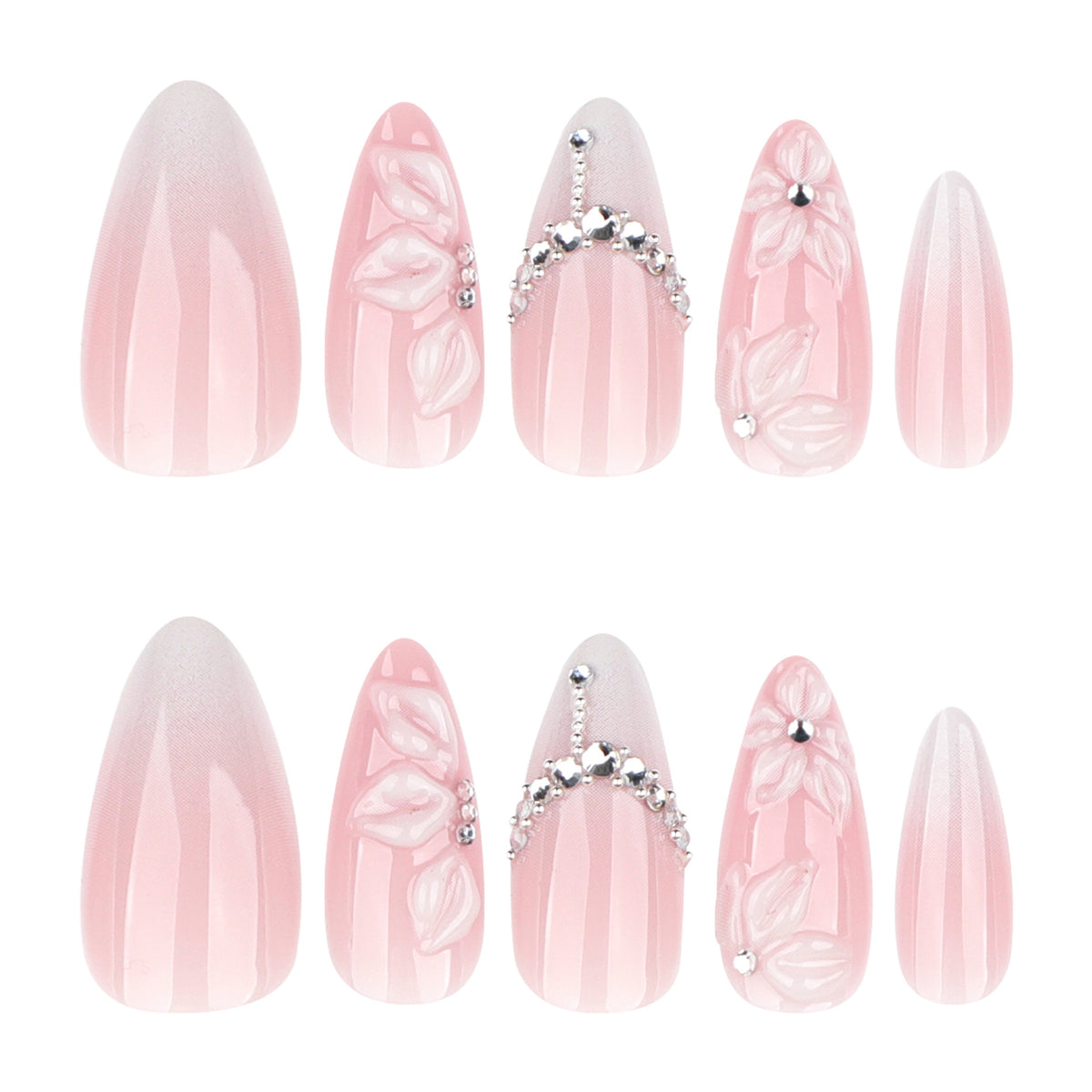 Blossom Elegance Medium Almond Pink Press On Nail Set with Charming Floral Accents