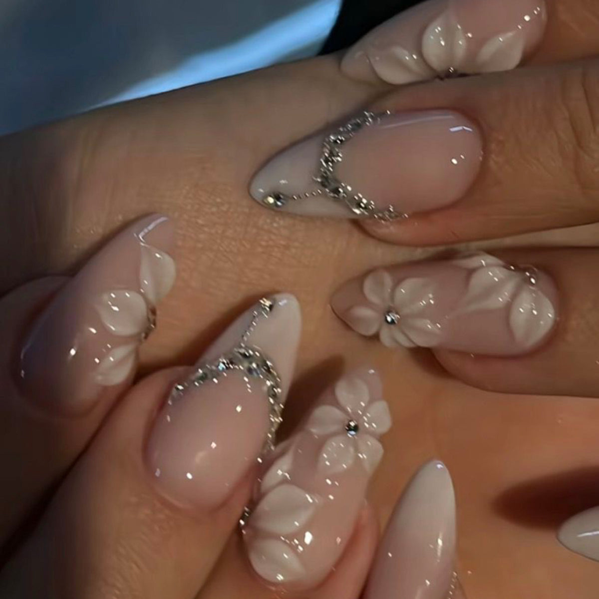 Elegant Floral Fantasy Medium Almond Soft Pink with Gem Accents Press On Nail Set