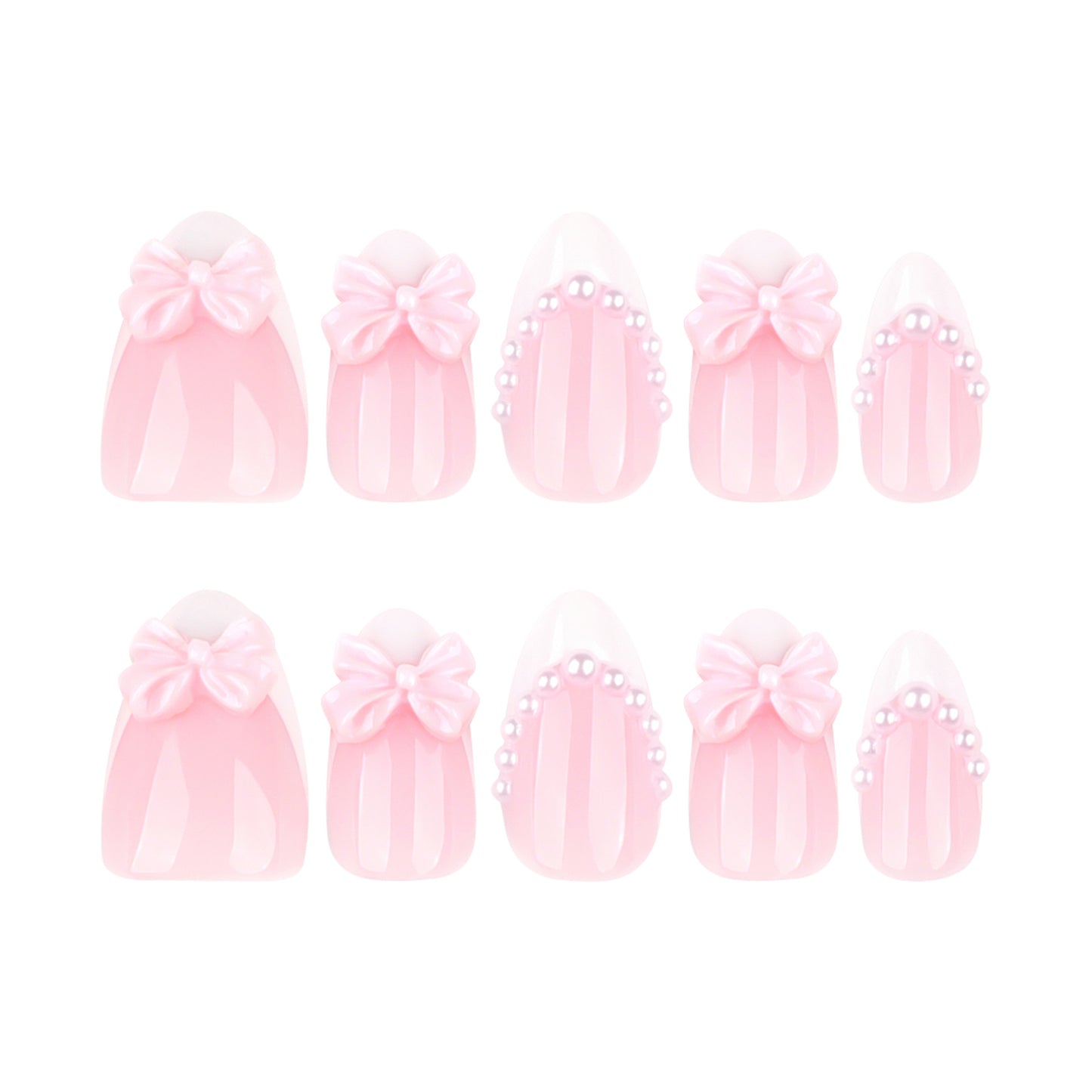 Charming Fairy Tale Medium Almond Pink Press-On Nail Set with Bow and Pearl Accents