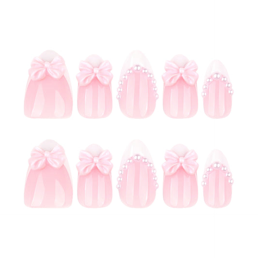 Charming Fairy Tale Medium Almond Pink Press-On Nail Set with Bow and Pearl Accents