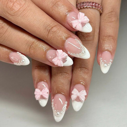 Charming Garden Fantasy Medium Almond Pink and White Nails with Delicate Bow Accents