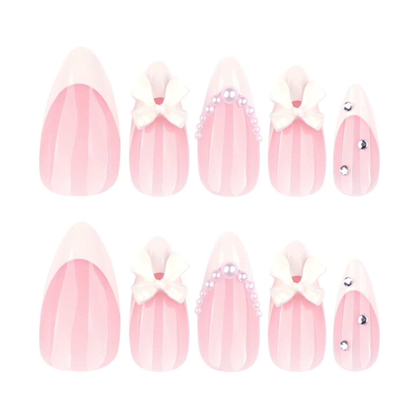 Sweet Blossom Collection Elegant Long Almond Shaped Soft Pink With Charming Bow and Pearl Accents Press-On Nail Set