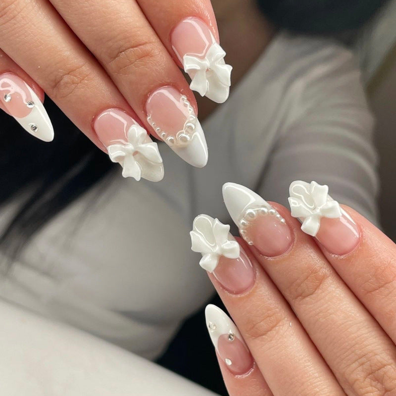 Blossom Elegance Long Almond White Floral Press-On Nail Set with Charming Pearl Accents