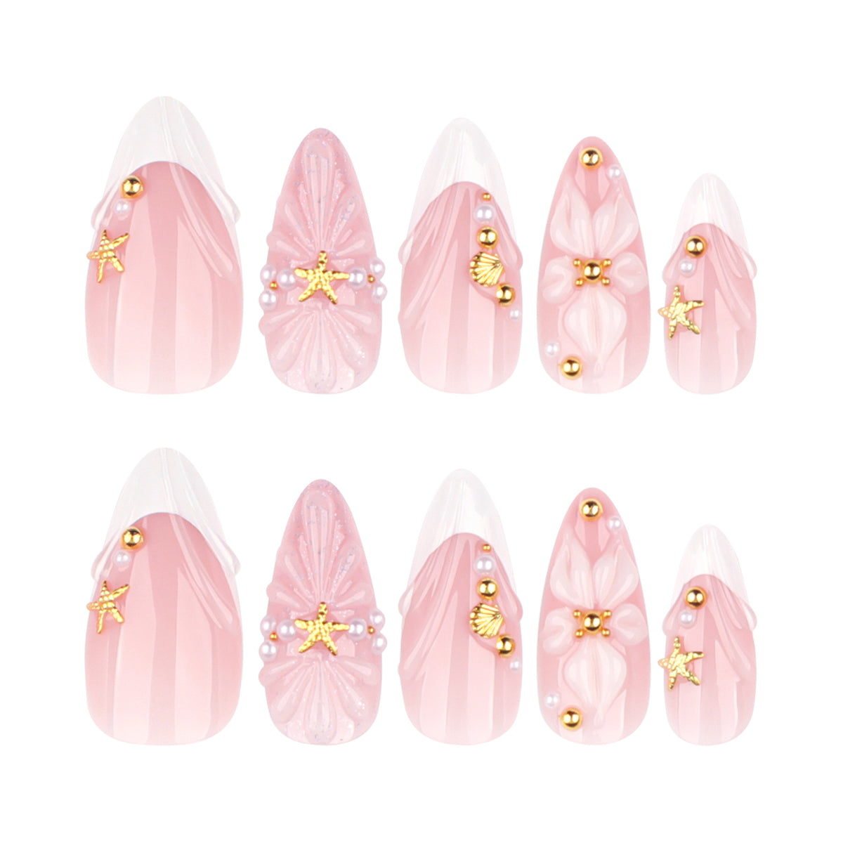 Seaside Elegance Medium Almond Pink Press On Nail Set with Pearl and Gold Accents