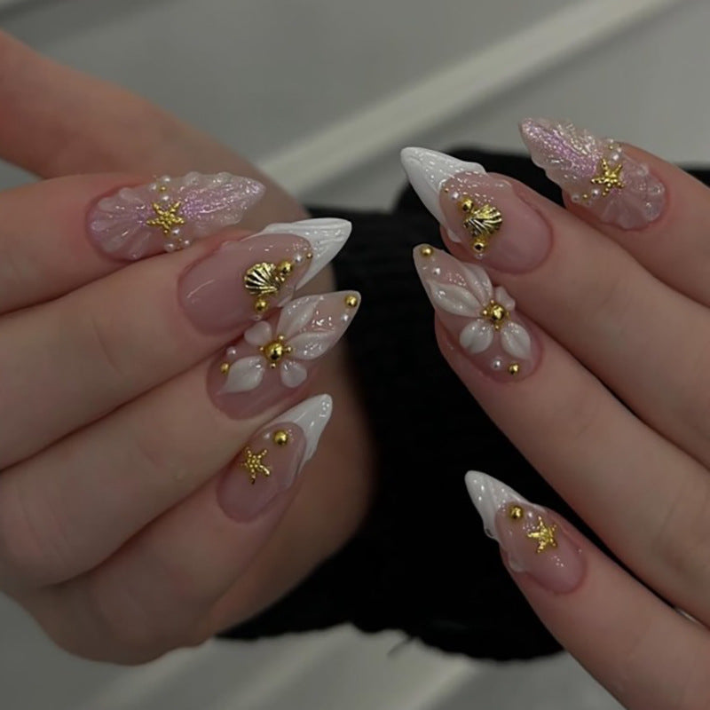 Coastal Elegance Medium Almond Pink and White Press on Nail Set with Gold Shell Accents