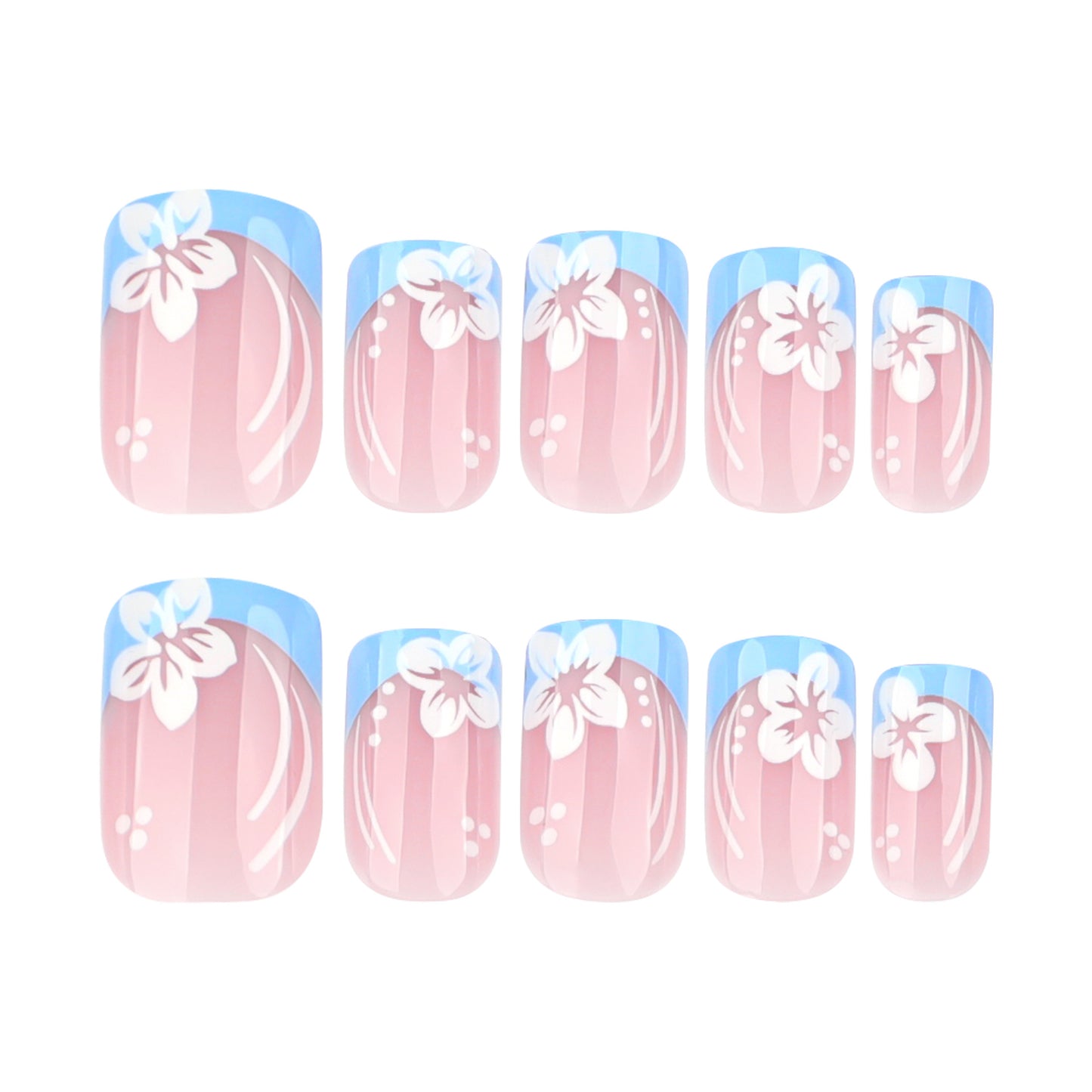 Charming Blossom Design Short Square Pink Press-On Nail Set with Blue Floral Accent