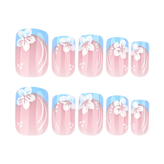 Charming Blossom Design Short Square Pink Press-On Nail Set with Blue Floral Accent