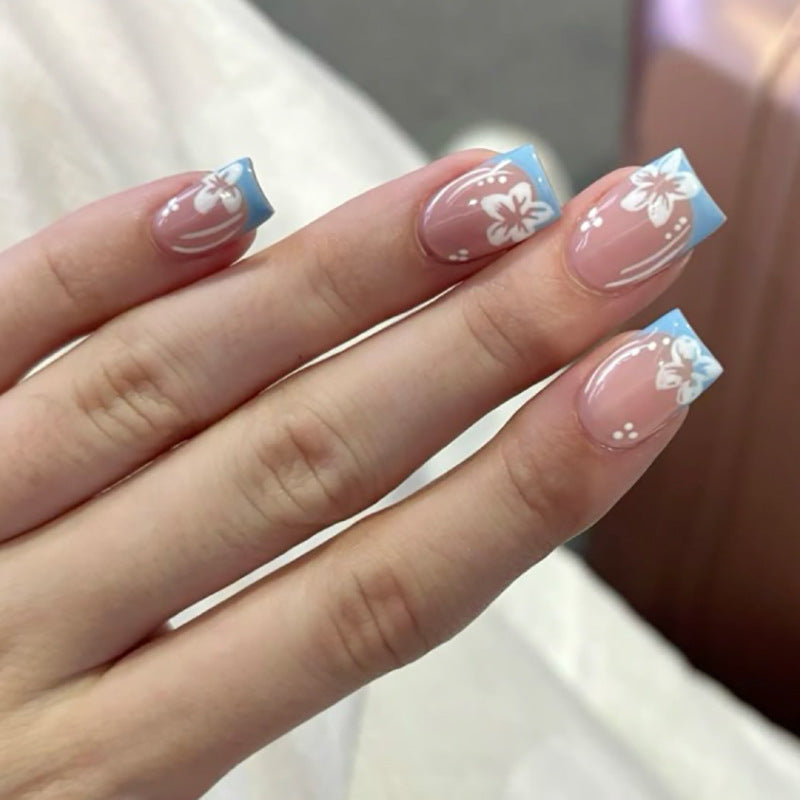 Tropical Bliss Short Square Pink and Blue Floral Press On Nail Set