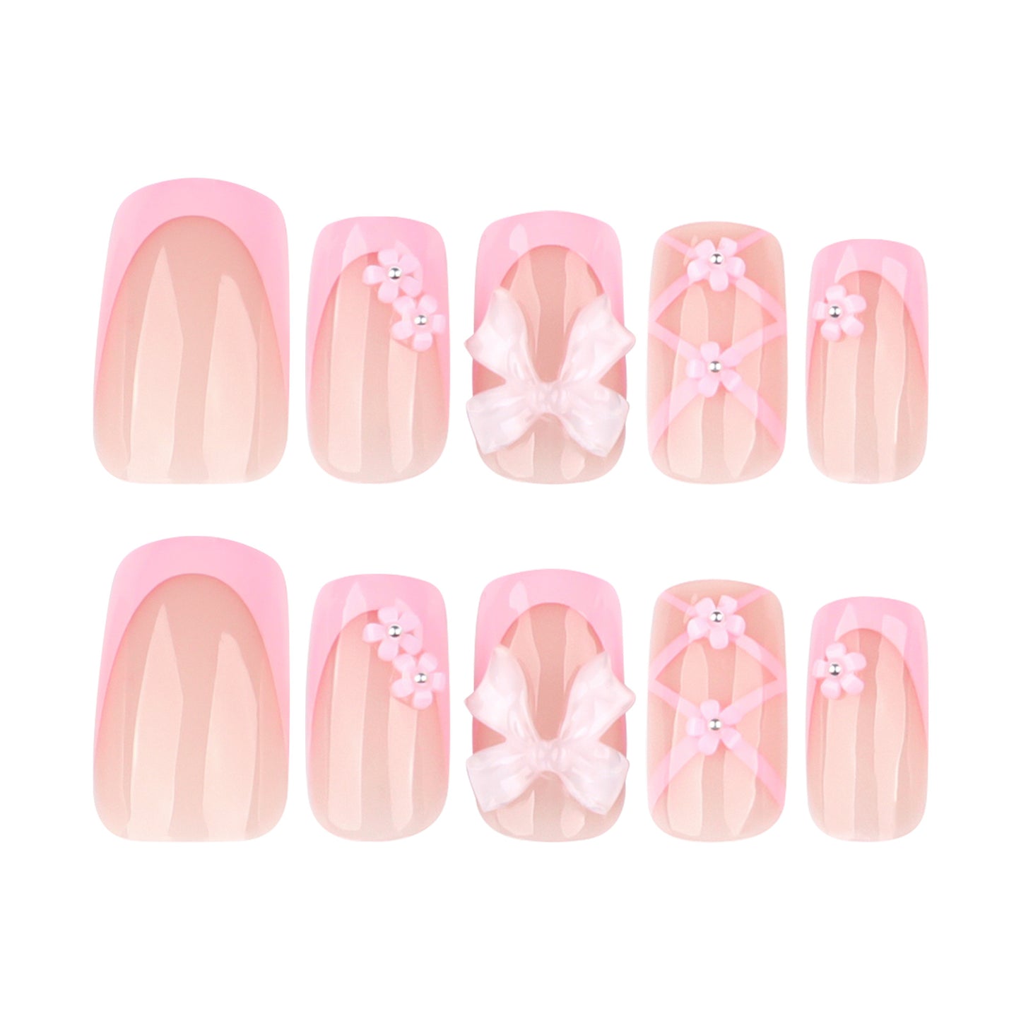 Charming Blossom Dream Short Square Pink Press On Nail Set with Floral and Bow Accents
