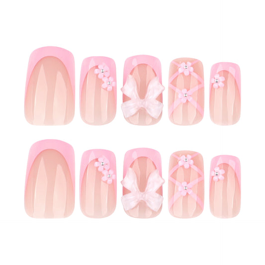 Charming Blossom Dream Short Square Pink Press On Nail Set with Floral and Bow Accents