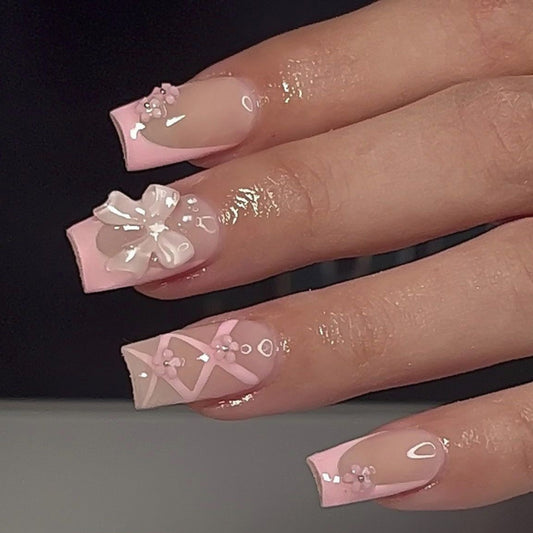 Blooming Elegance Short Square Pink Floral Design Press On Nail Set