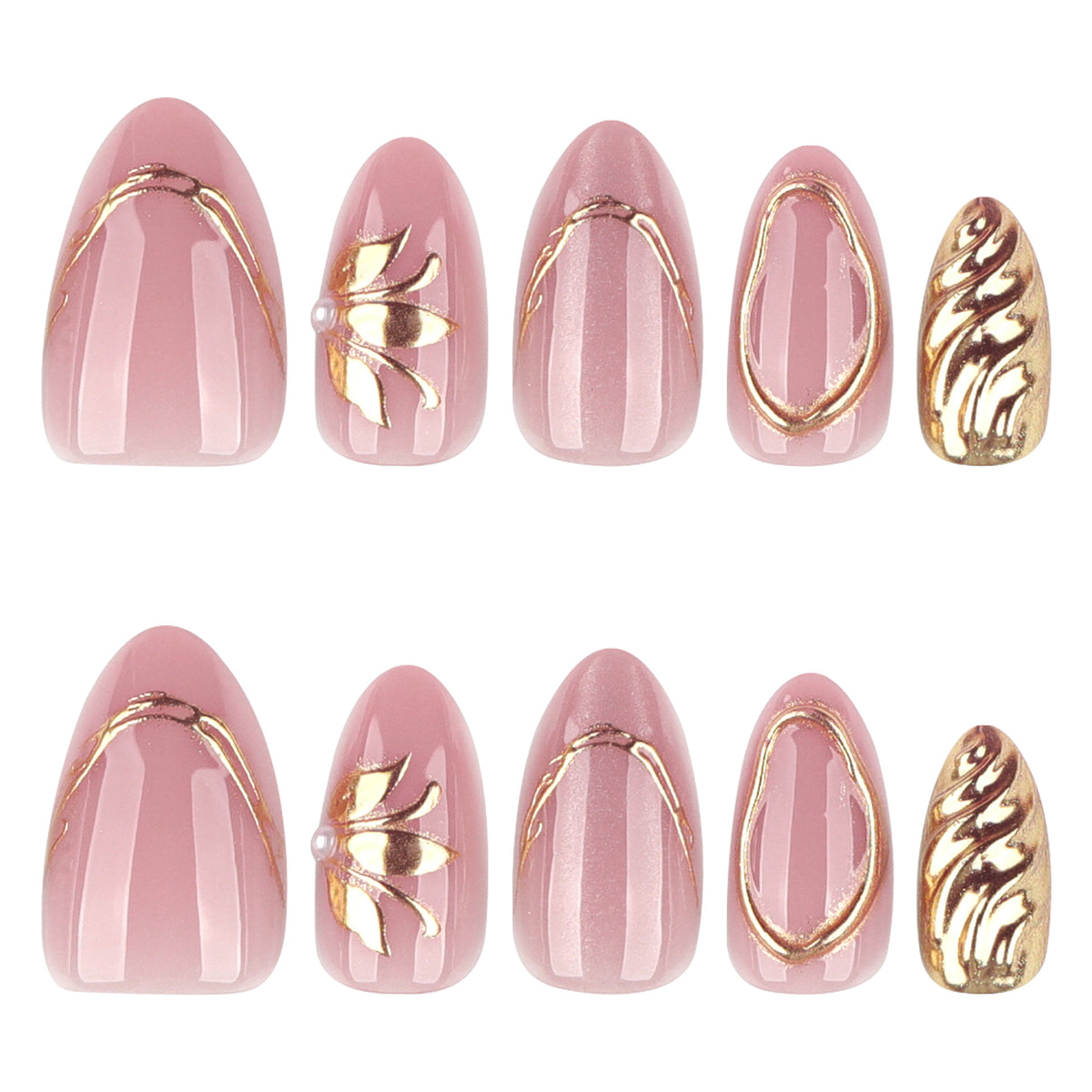 Elegant Blossom Medium Almond Pink with Golden Floral Accents Press on Nail Set