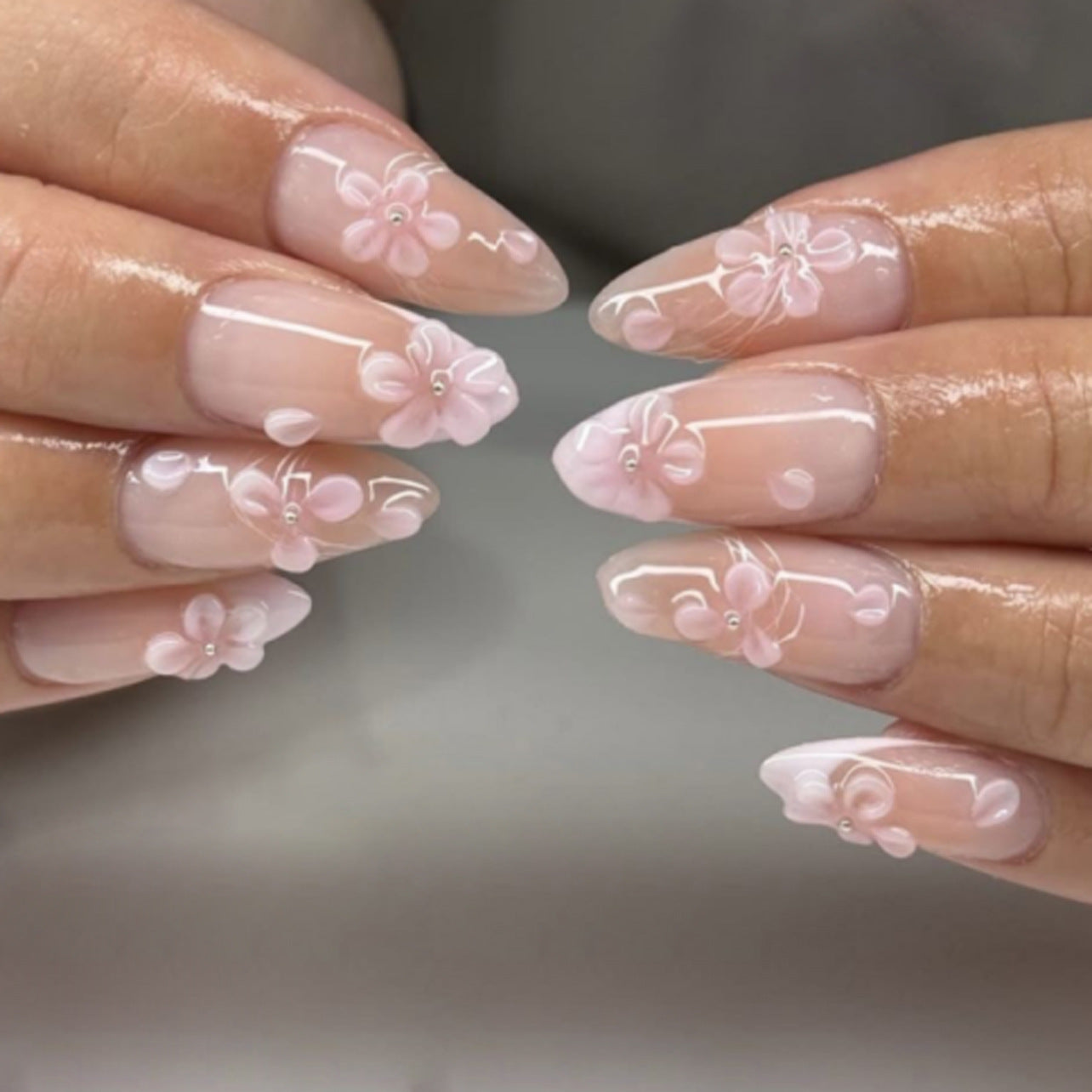 Blossom Elegance Long Almond Pink Floral Press On Nail Set