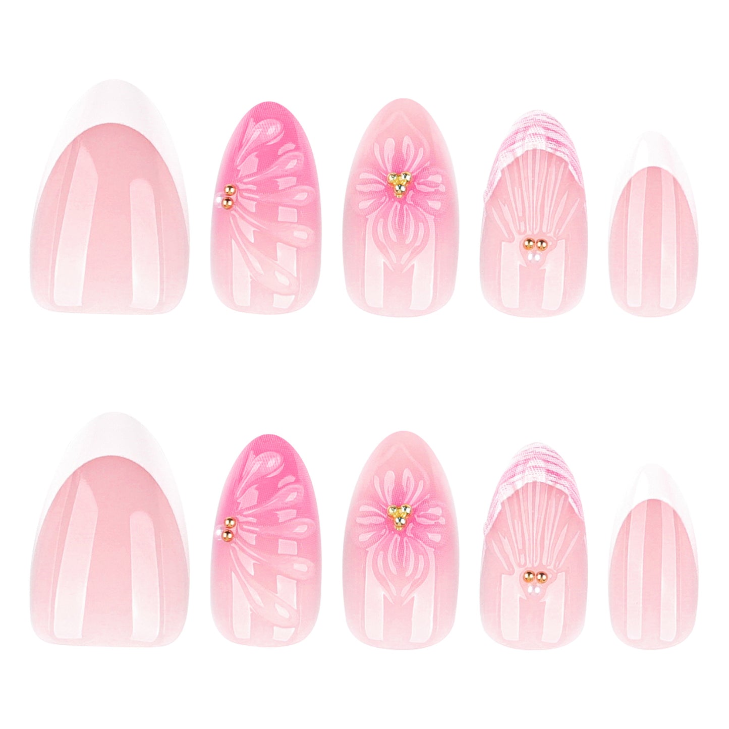 Blossom Elegance Long Almond Pink Press On Nail Set with Floral Accents