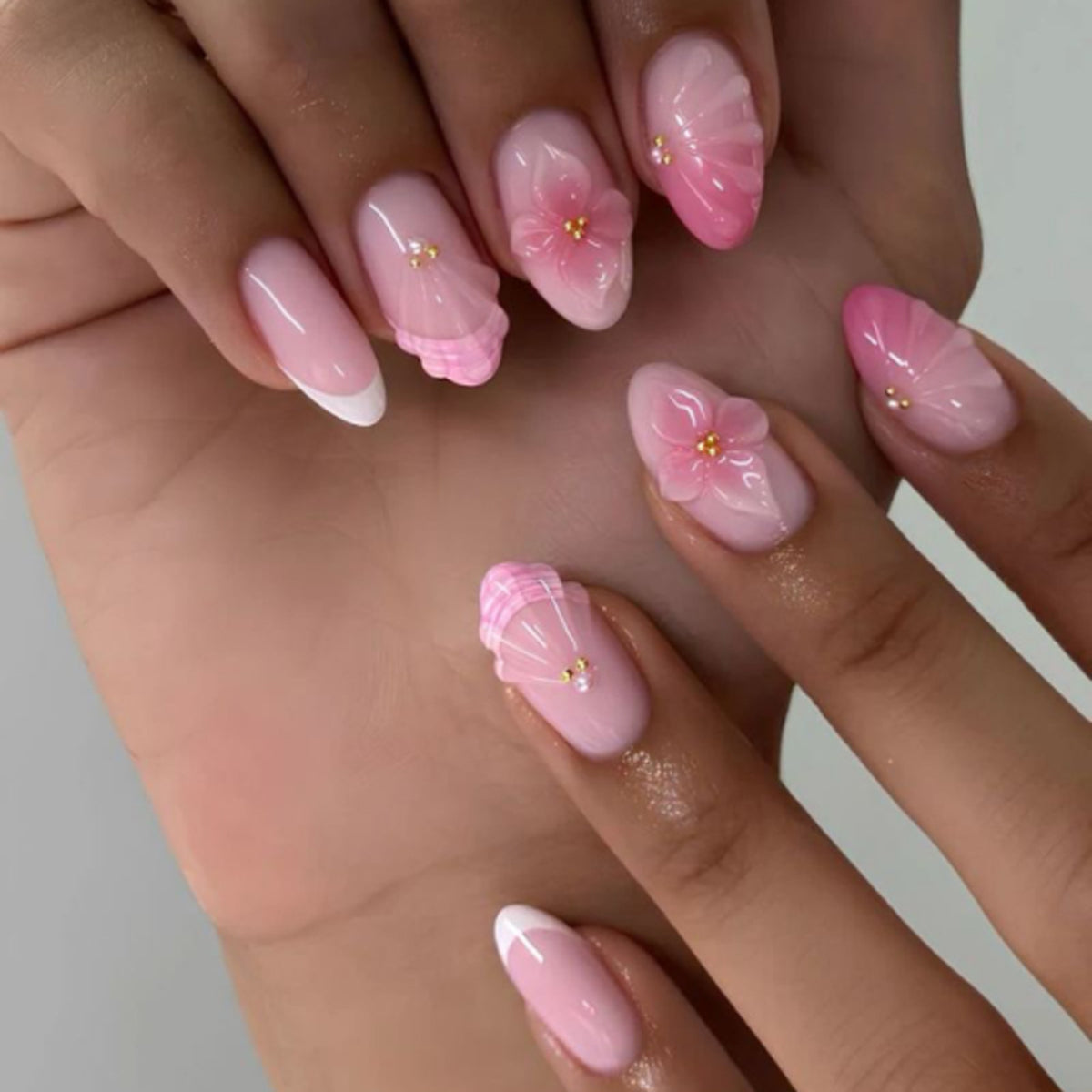 Blossom Delight Long Almond Pink Floral Accent Press On Nail Set