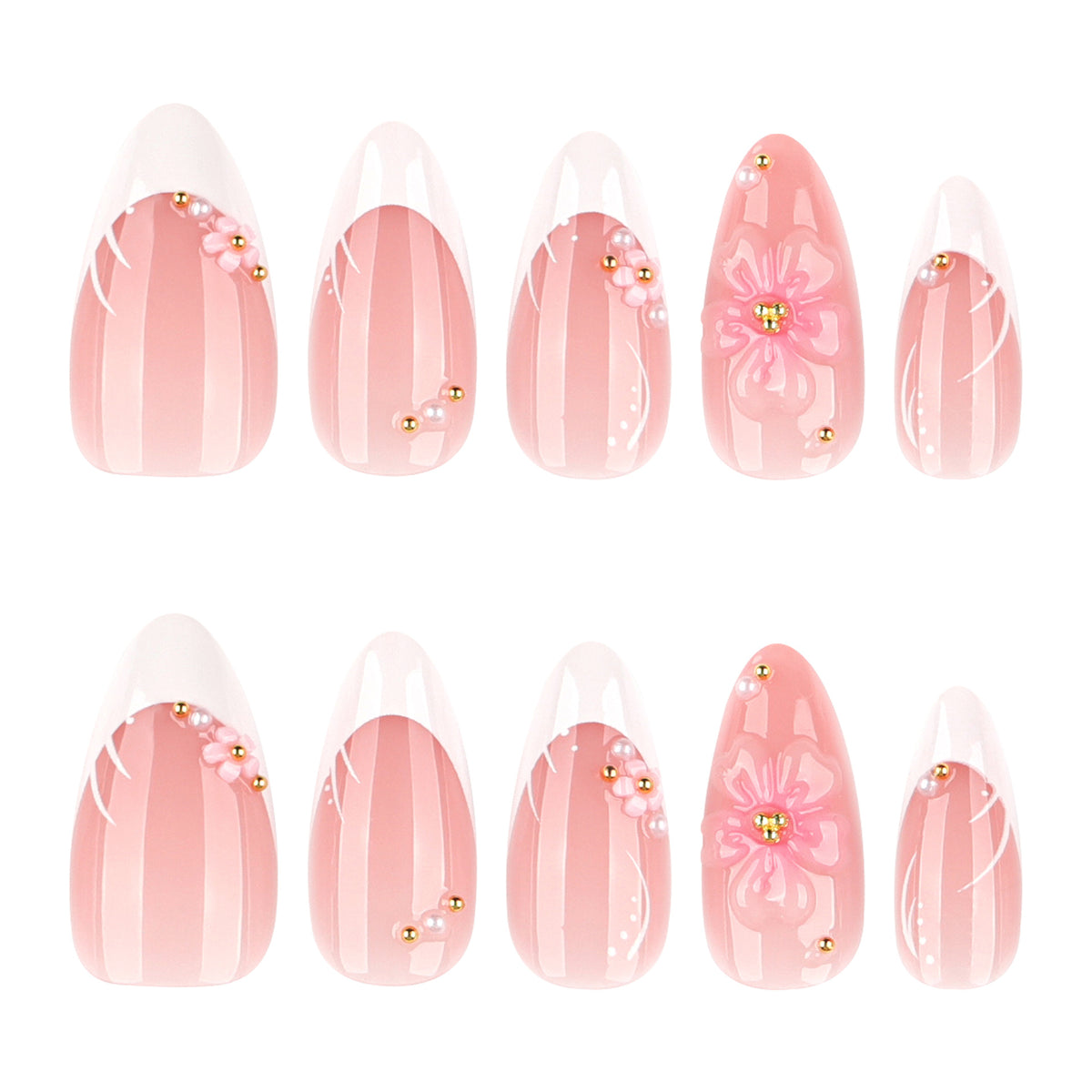 Blossoming Elegance Long Almond Pink Press On Nail Set with Floral Accents