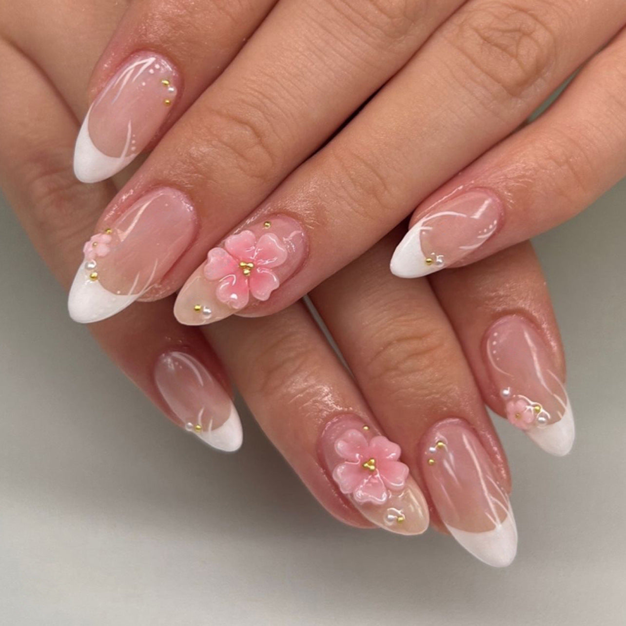 Blossom Elegance Long Almond Pink Floral Press On Nail Set