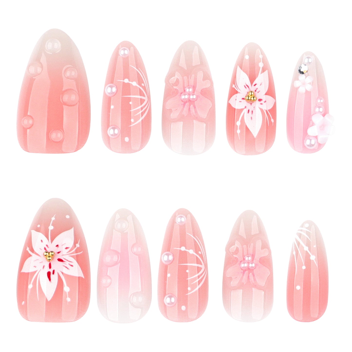 Blossom Beauty Long Almond Blush Pink Press-On Nail Set with Floral Accents and Pearls