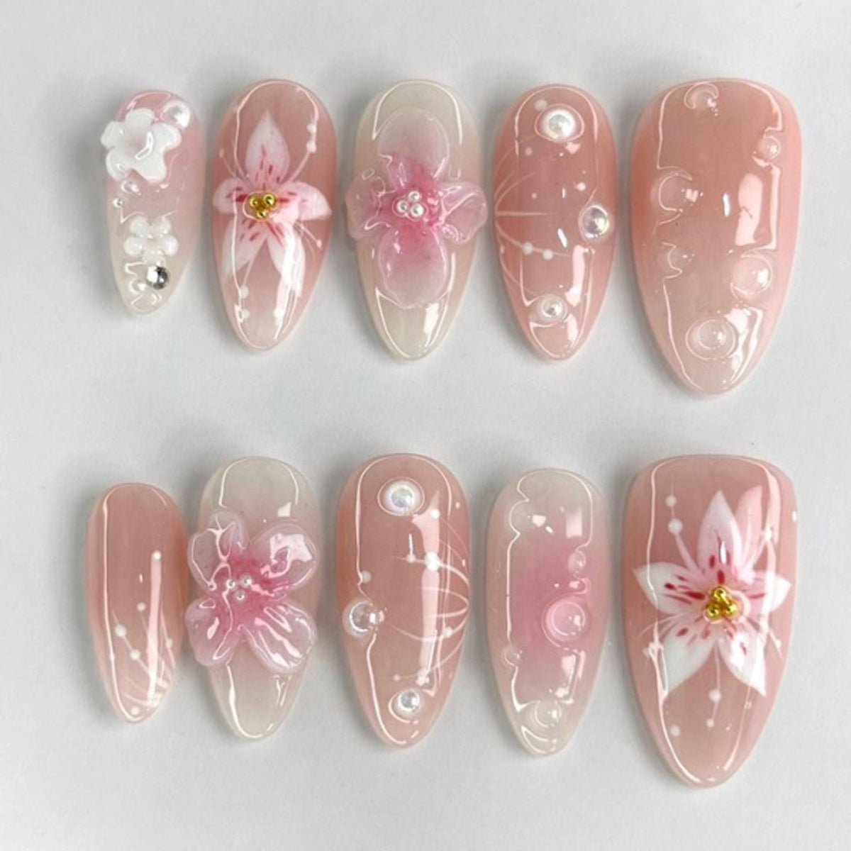 Blooming Elegance Long Almond Pink Floral Press On Nail Set with Gemstone Accents