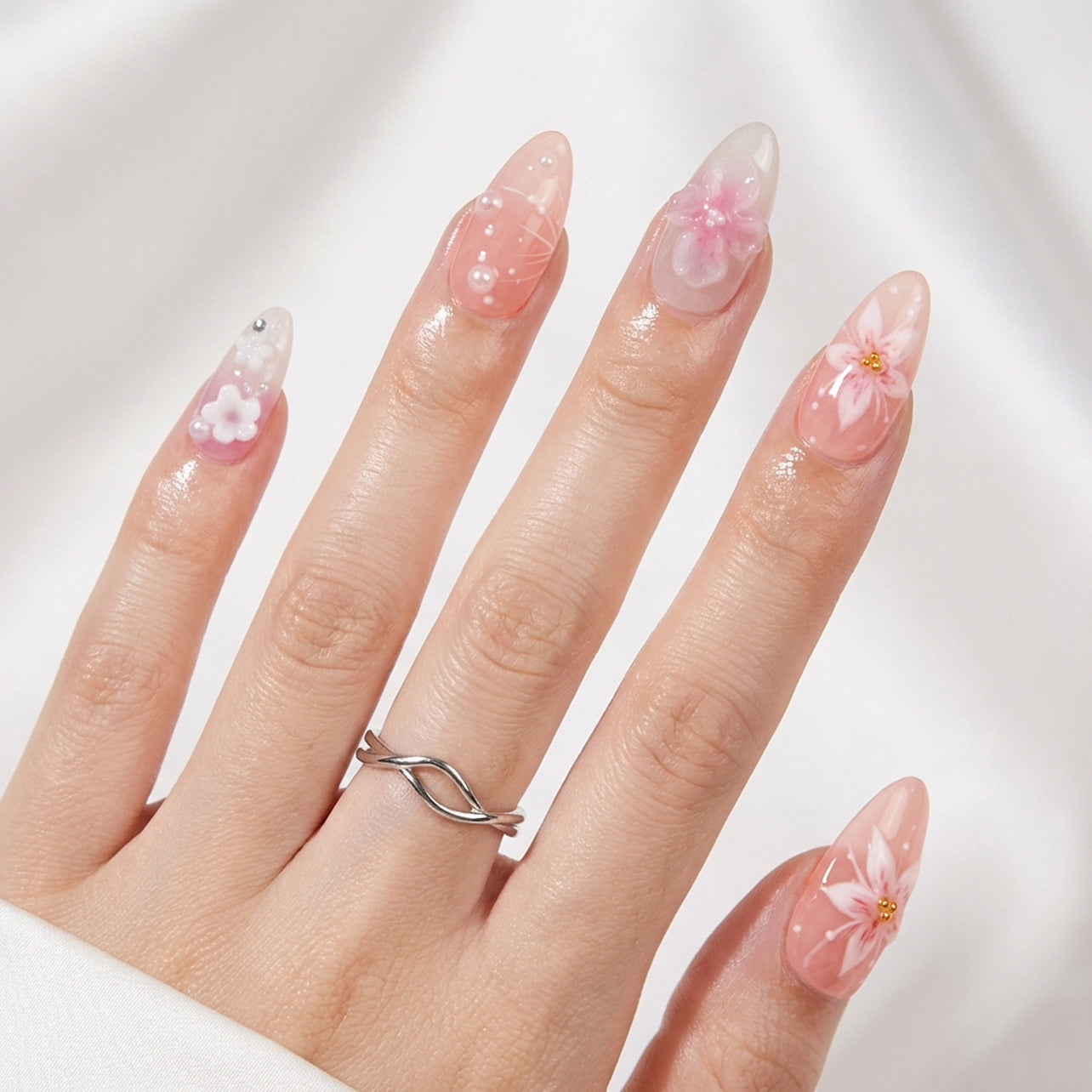 Floral Fantasy Medium Almond Pink Press On Nail Set with Charming Flower Designs