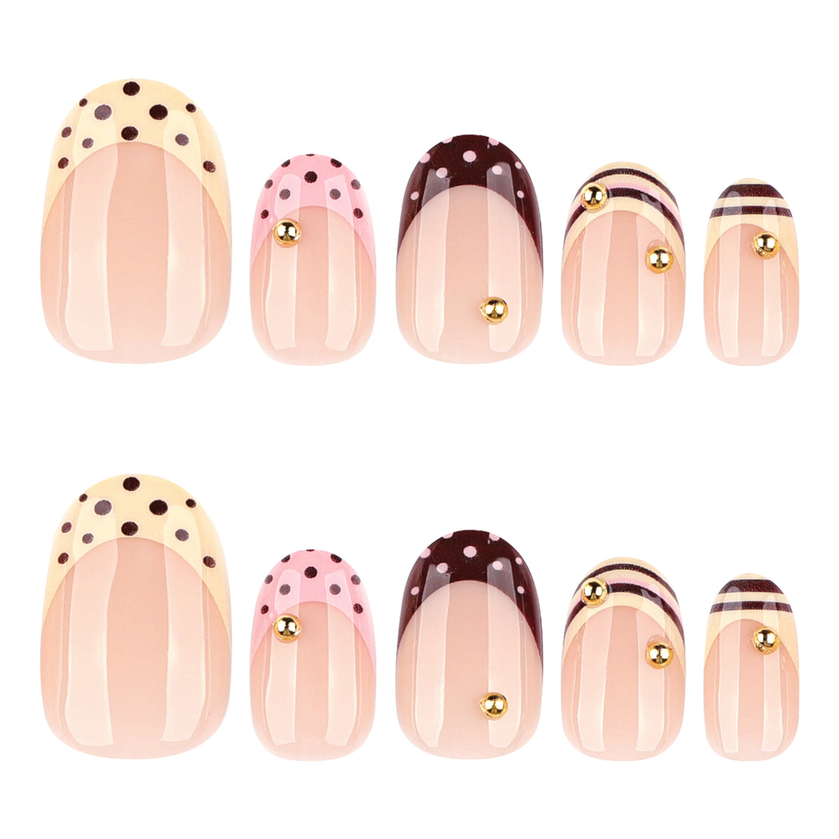 Chic Dessert Inspired Medium Oval Pink with Polka Dots and Gold Accents Press On Nail Set