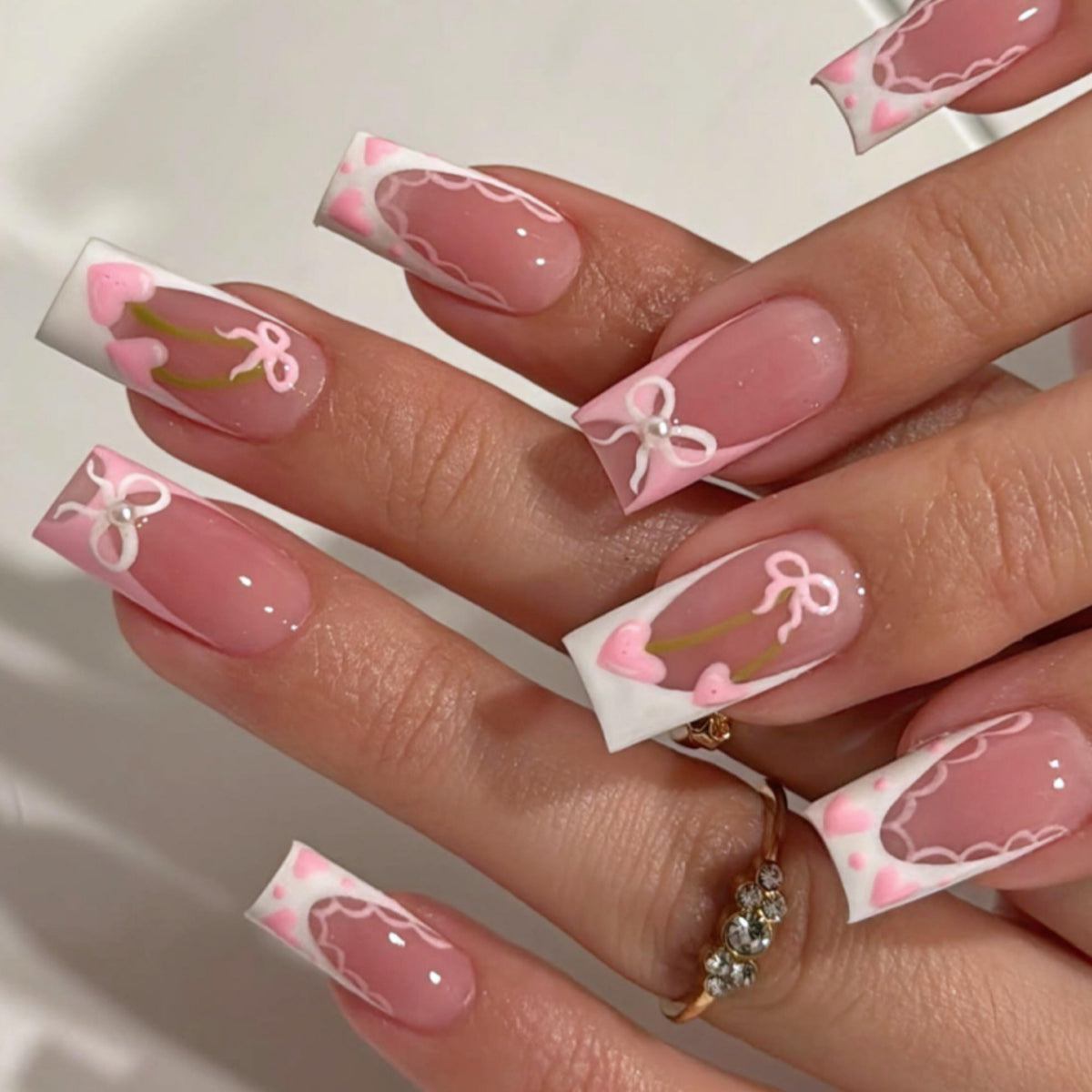 Charming Floral Long Square Pink Press On Nail Set with Elegant Bow Detail