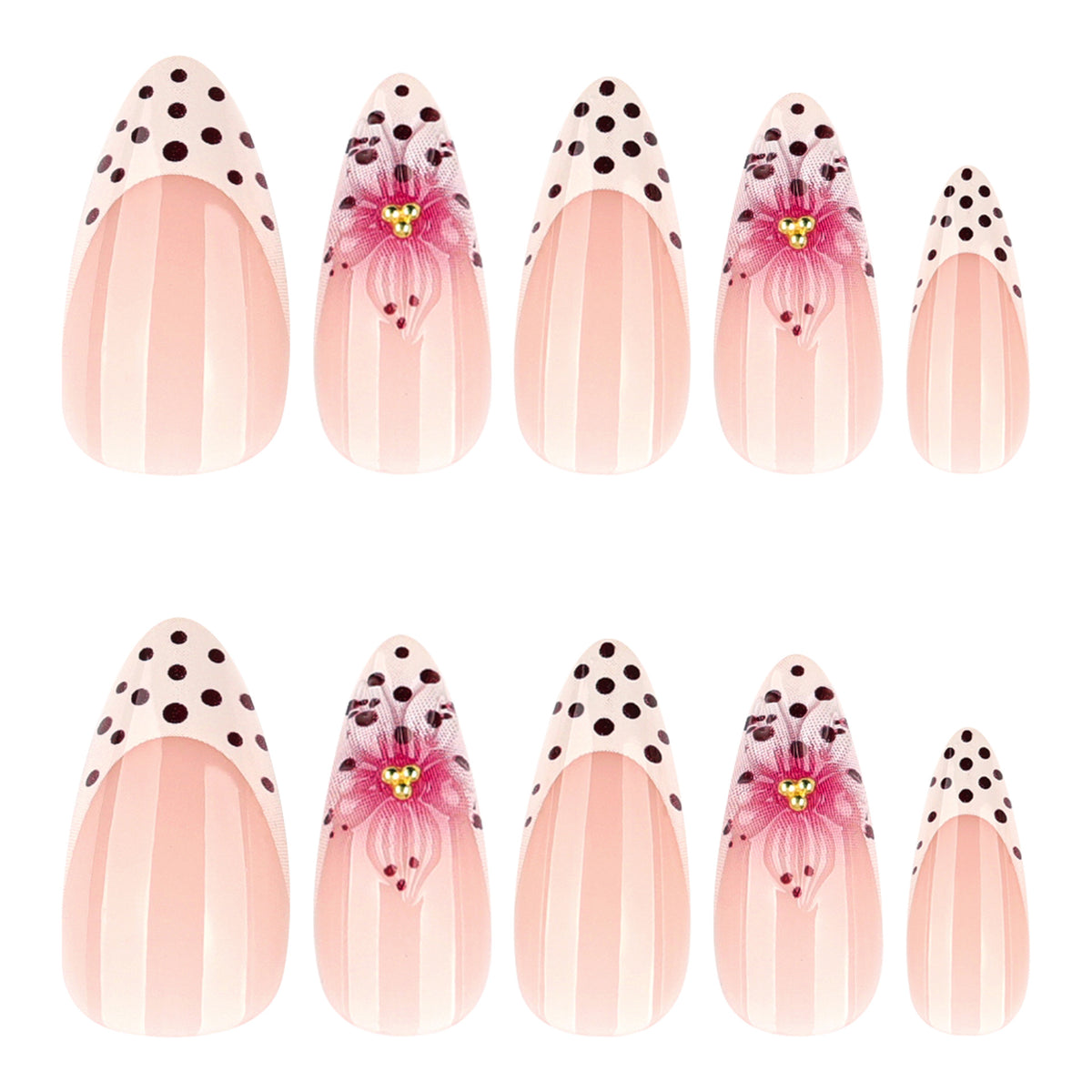 Feminine Floral Medium Almond Pink Press On Nail Set with Decorative Accents and Polka Dots