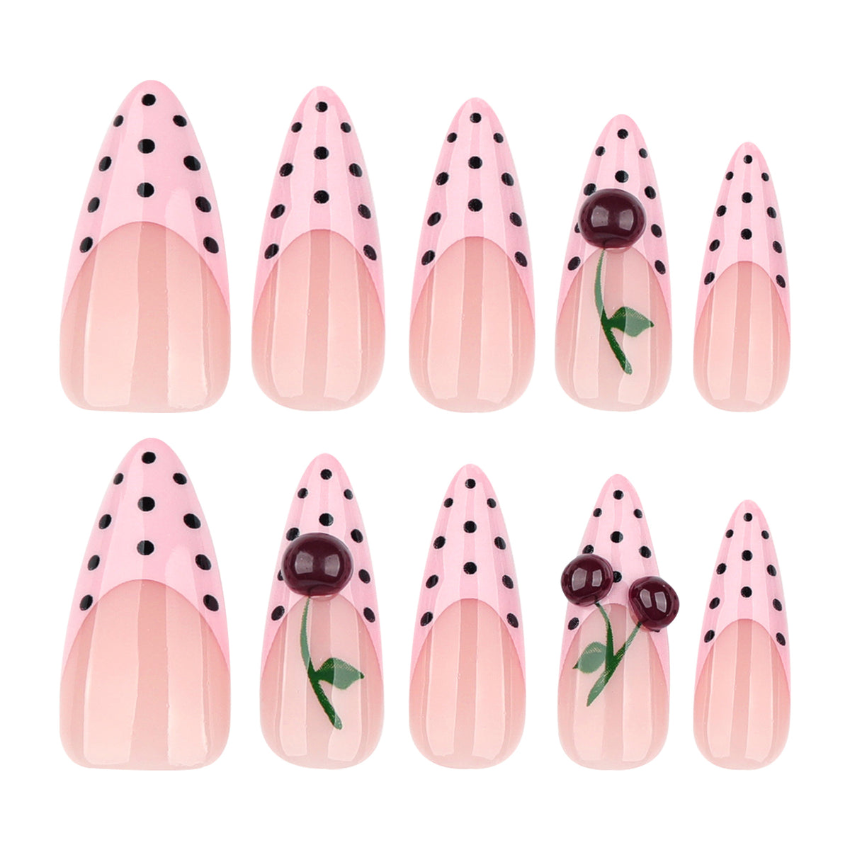 Cherry Blossom Dream Medium Almond Pink with Polka Dots and Floral Accent Press On Nail Set