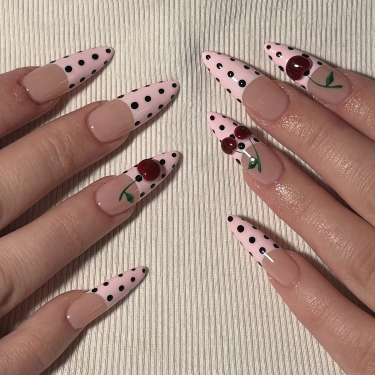 Cherry Blossom Delight Medium Almond Pink with Polka Dots and Cherry Design Press On Nail Set
