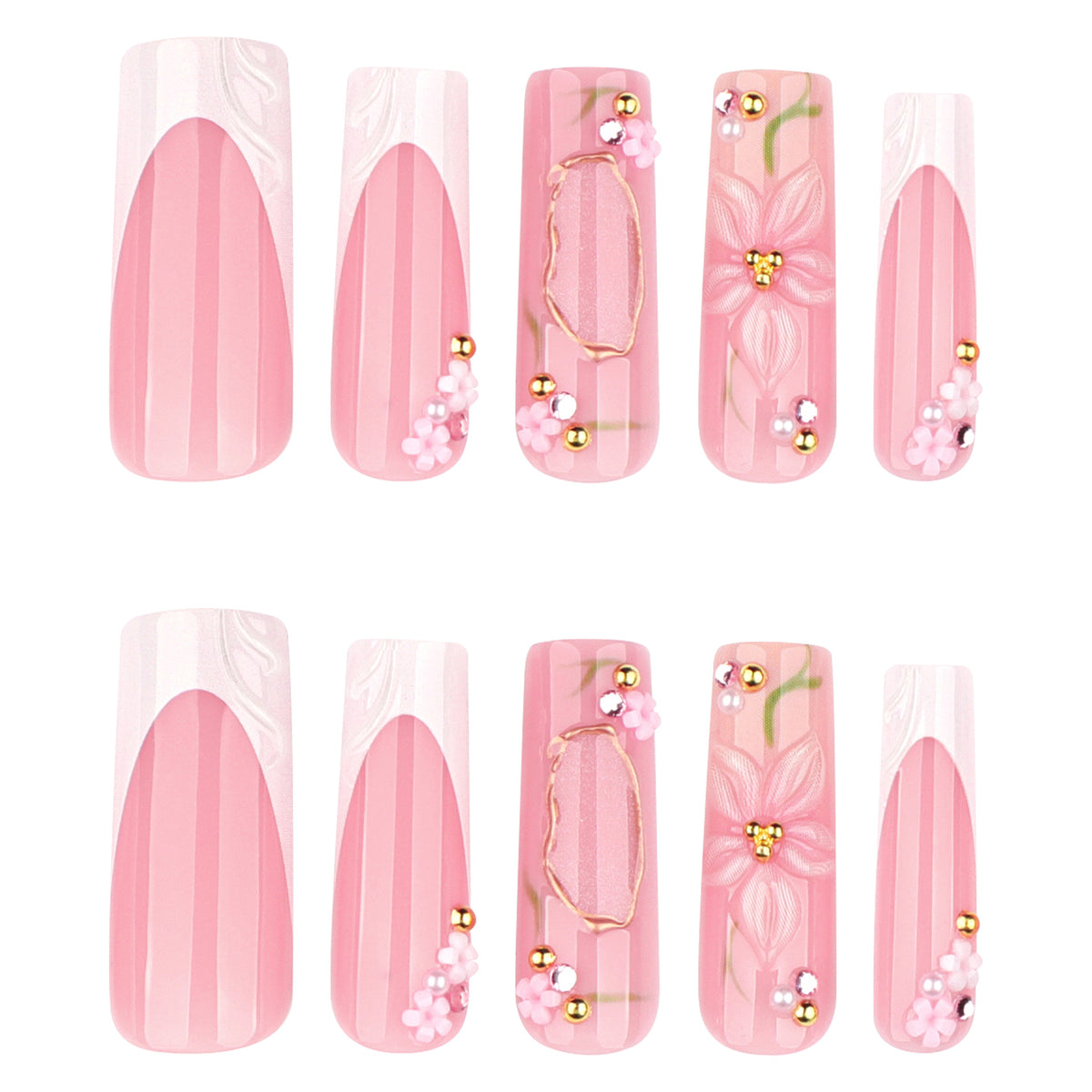 Blossom Elegance Long Square Pink Press On Nail Set with Floral Embellishments
