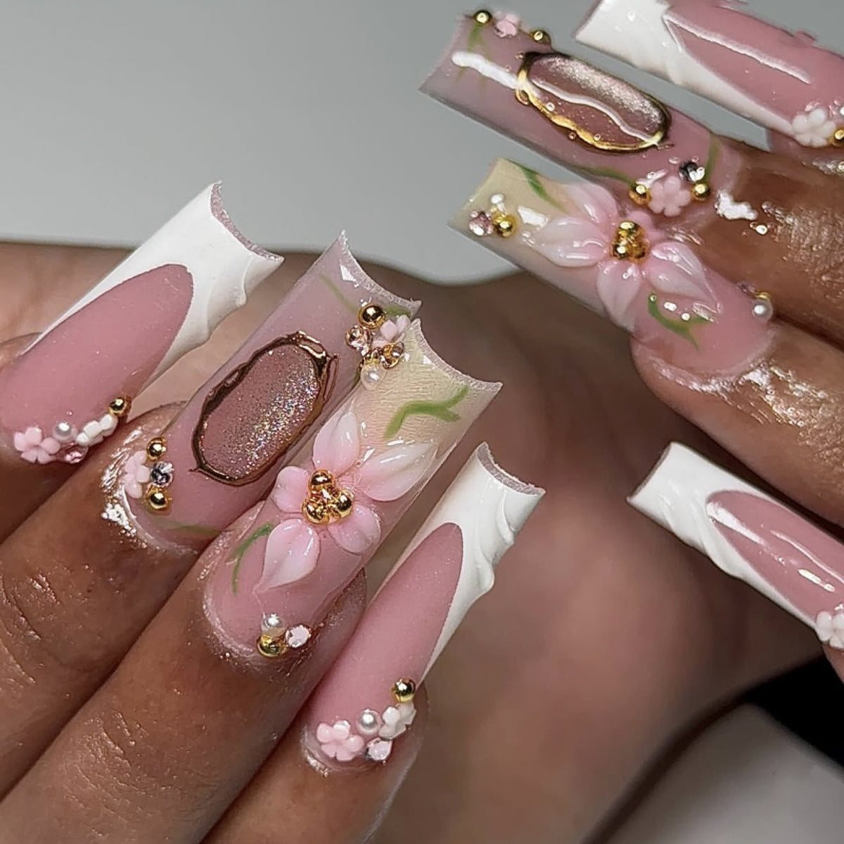 Floral Elegance Long Square Blush Pink with Pearl Accents and Hand-Painted Floral Design