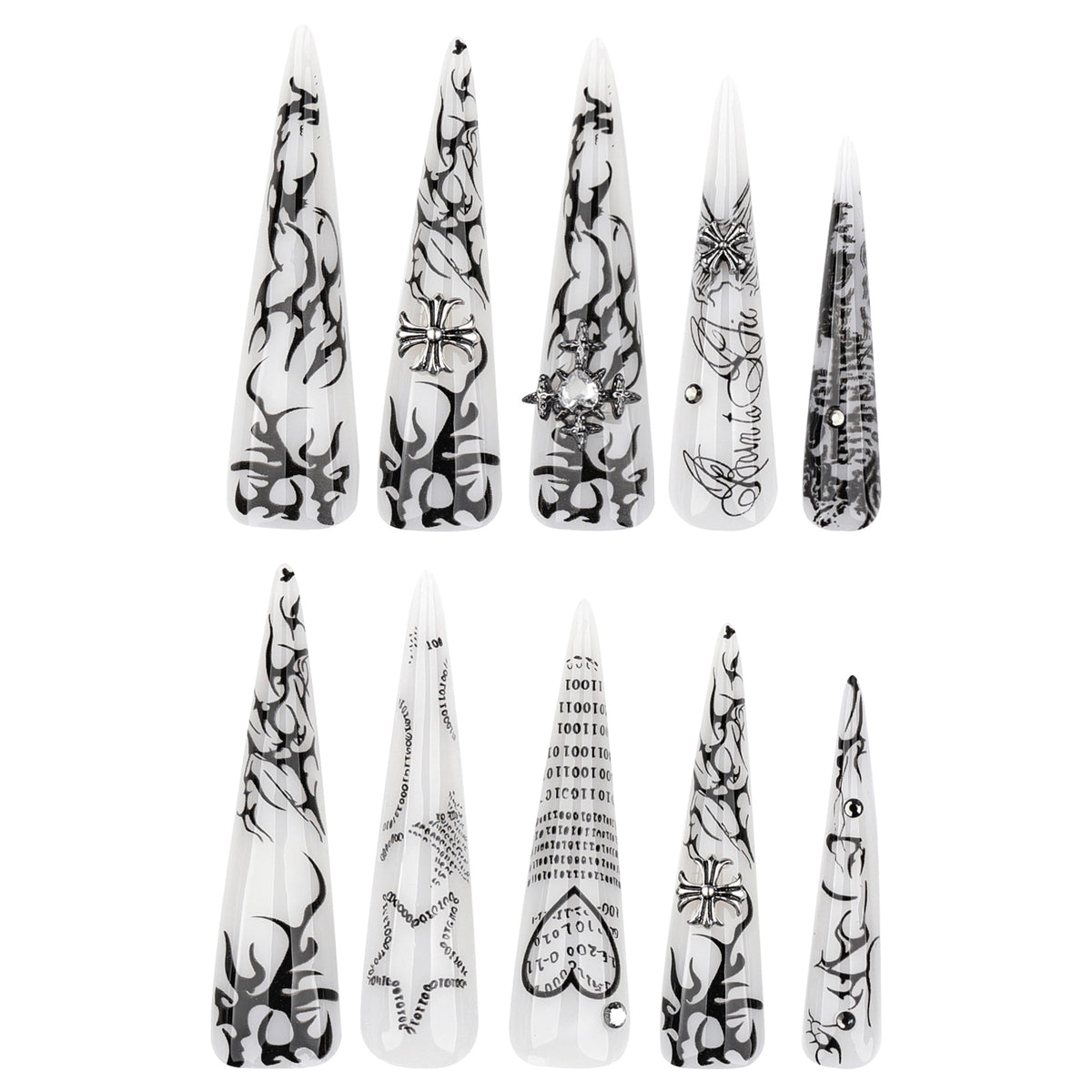 Fiery Elegance Long Stiletto Black and White Flame Detail Press On Nail Set