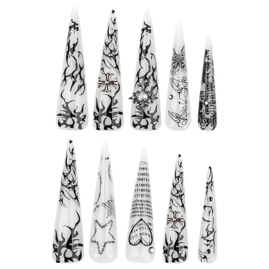 Fiery Elegance Long Stiletto Black and White Flame Detail Press On Nail Set
