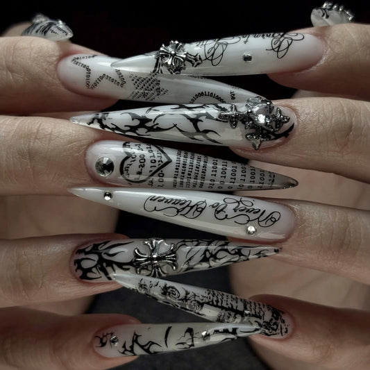 Gothic Elegance Long Stiletto White and Black Press On Nail Set with Unique Embellishments