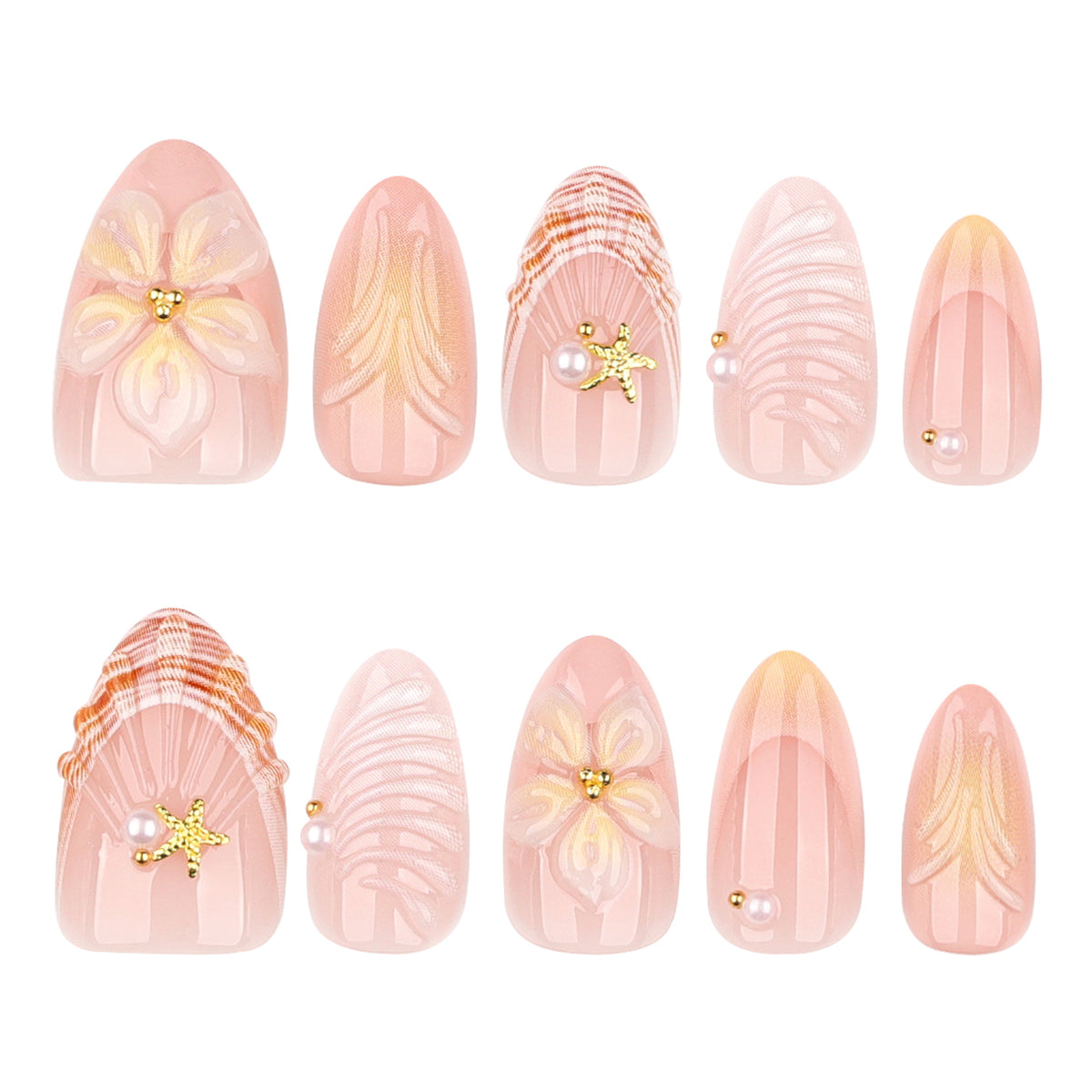 Tropical Elegance Medium Almond Pink Nails with Gold Accents and Floral Design