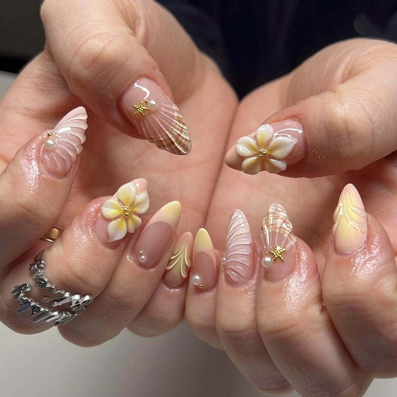 Tropical Elegance Medium Almond Light Yellow with Floral Accents Press on Nail Set
