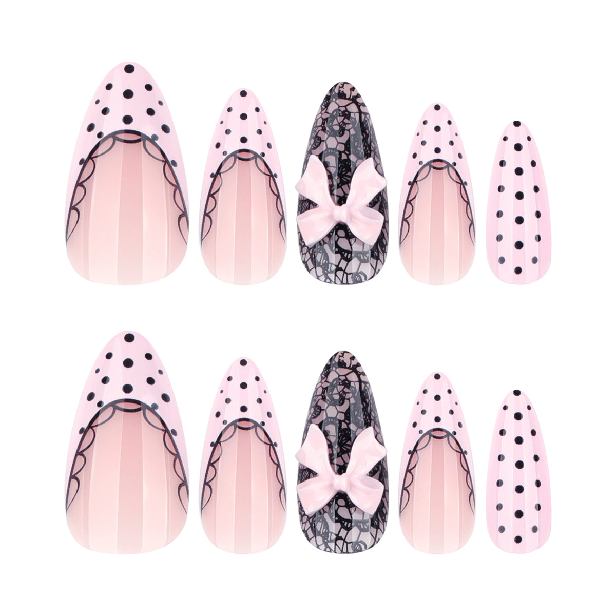 Charming Pink Long Almond Press On Nail Set with Bow Detail and Polka Dot Design