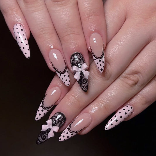 Charming Lace Inspired Medium Almond Press On Nail Set in Pink with Bow Accents