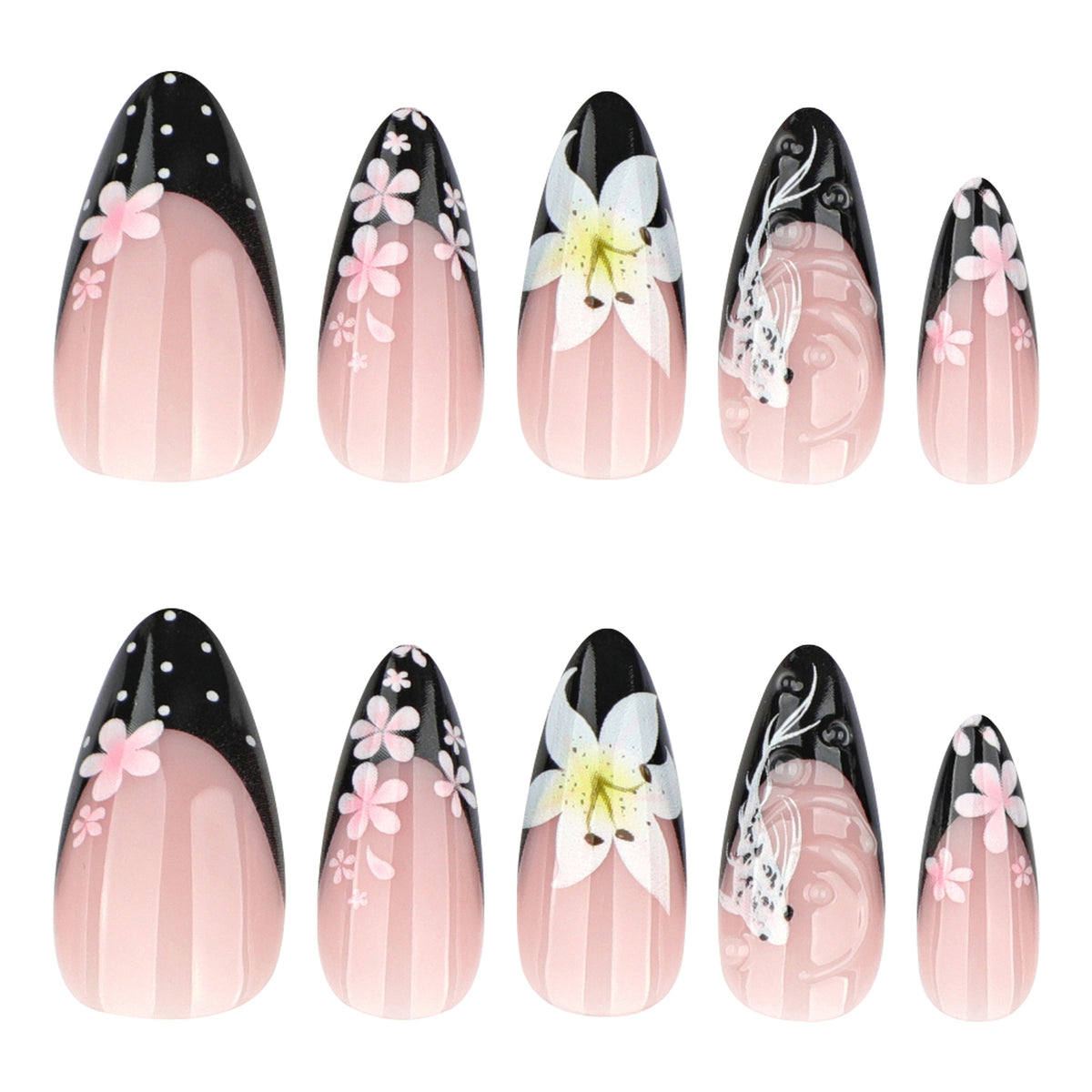 Blossom Dreams Medium Almond Pink with Black Floral Design Press-On Nail Set