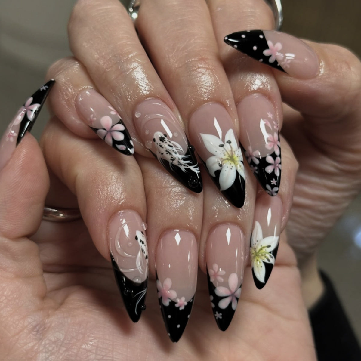 Blossom Dreams Medium Almond Black and Pink Floral Press on Nail Set