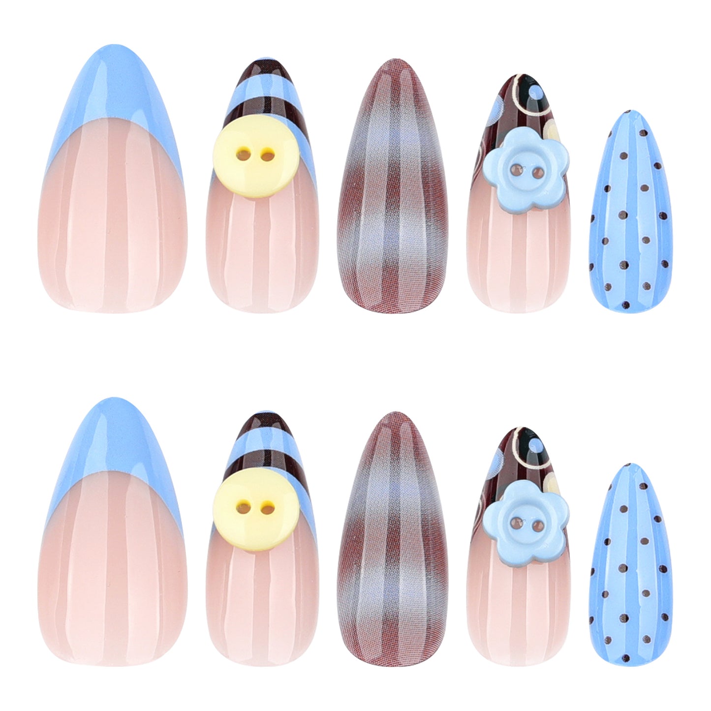 Charming Floral Delight Medium Almond Blue Accent Press On Nail Set