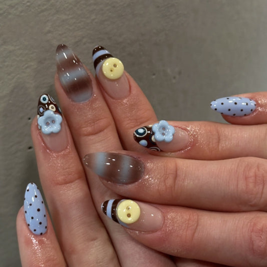 Whimsical Floral Medium Stiletto Blue Brown with Button Accents Press On Nail Set