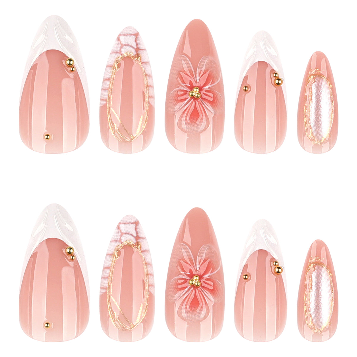 Charming Blossom Long Almond Blush Pink Press-On Nail Set with Elegant Floral Accents