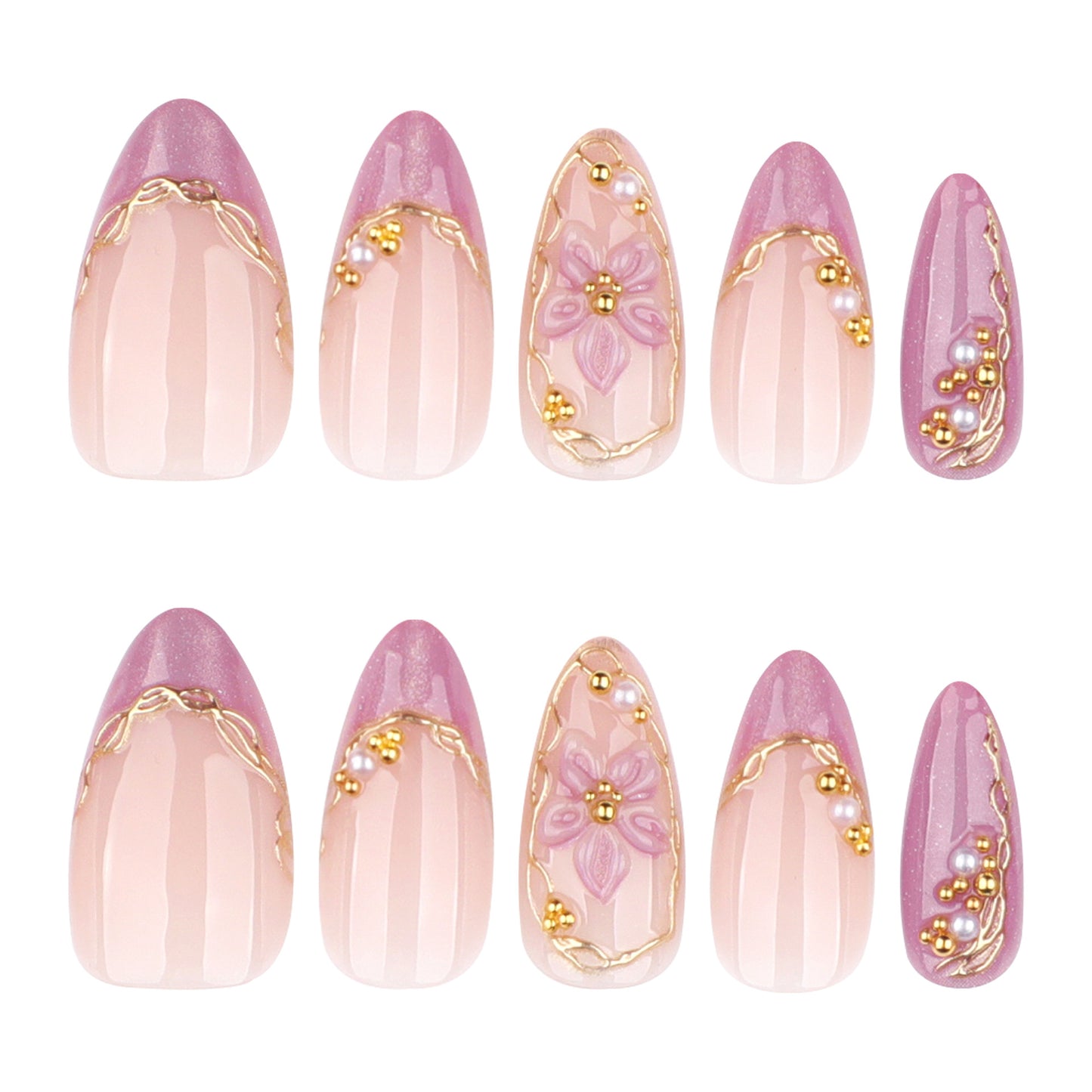 Blossom Elegance Medium Almond Pink with Floral Accents Press On Nail Set