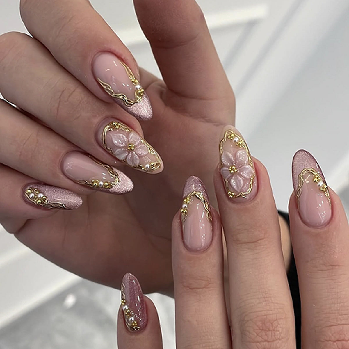 Elegant Blossom Inspired Medium Almond Pink with Gold Floral Accents Press On Nail Set