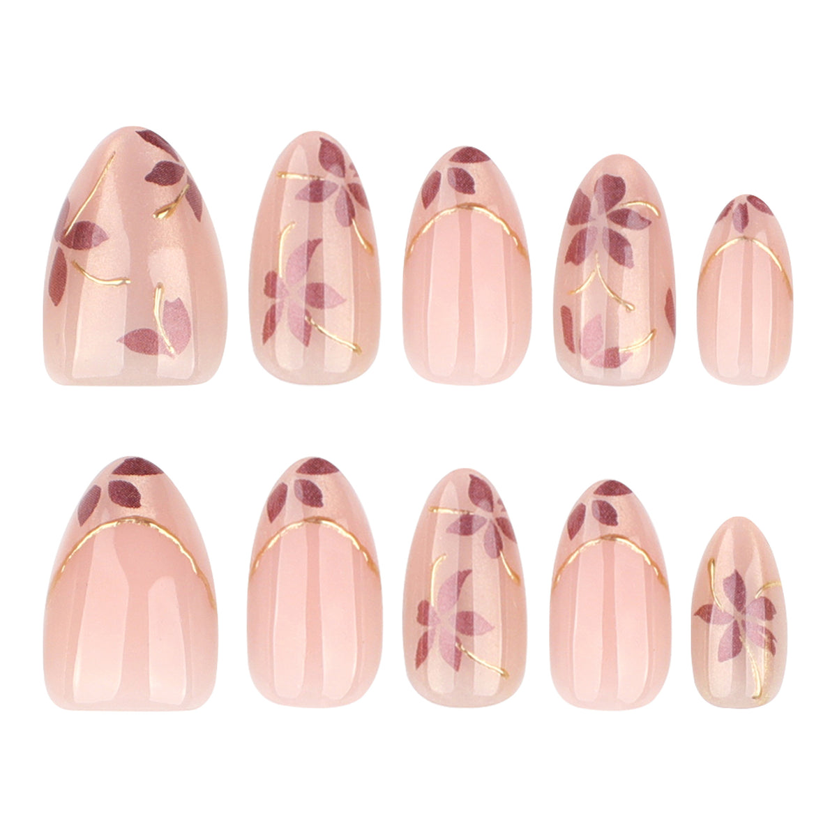 Blossom Elegance Short Almond Pink Floral Nail Set with Golden Accent