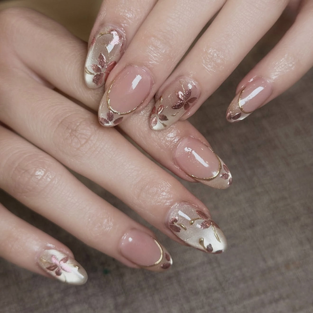 Elegant Floral Fantasy Medium Almond Blush with Gold Trim Press On Nail Set
