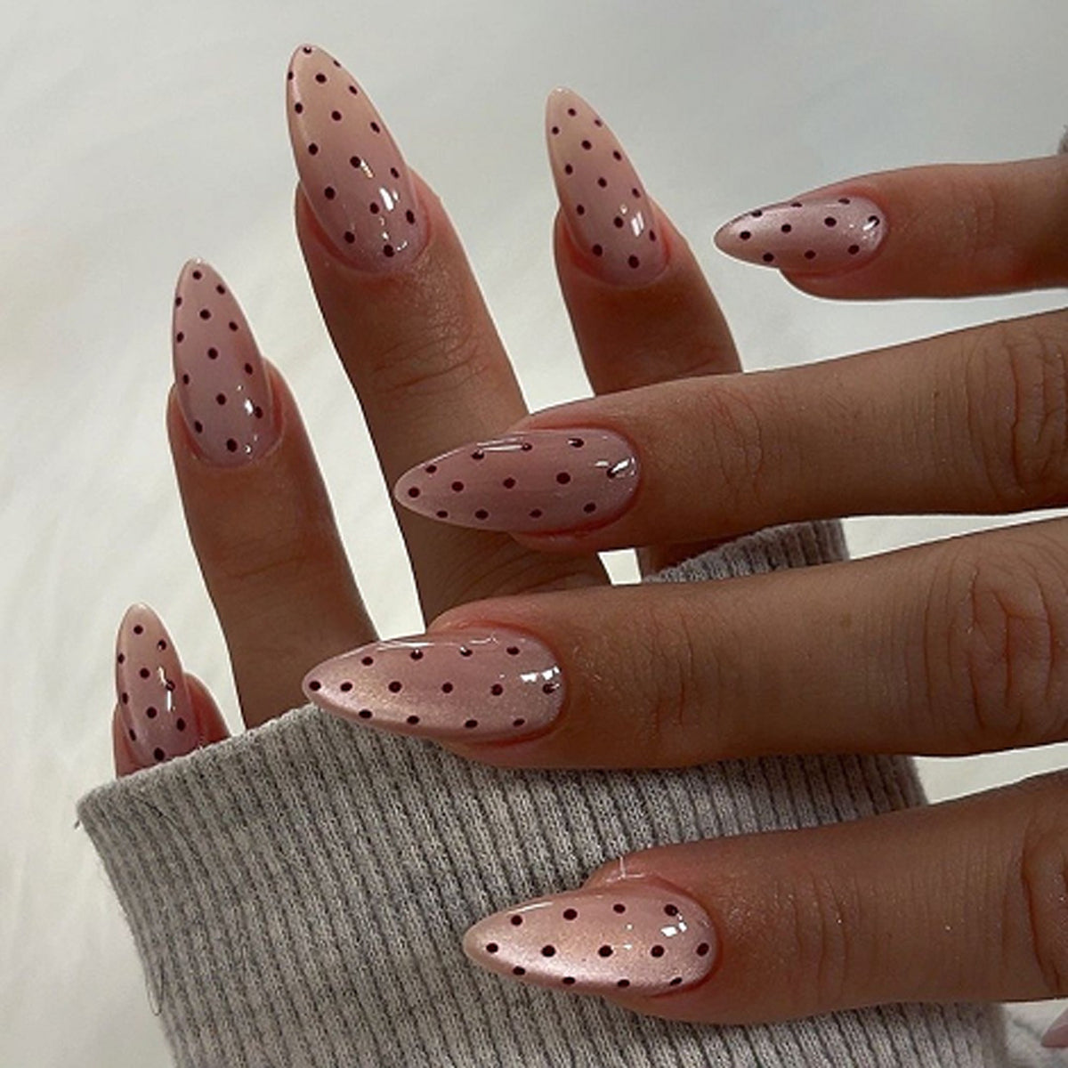 Elegant Polka Dot Medium Almond Pink Press On Nail Set with Glossy Finish