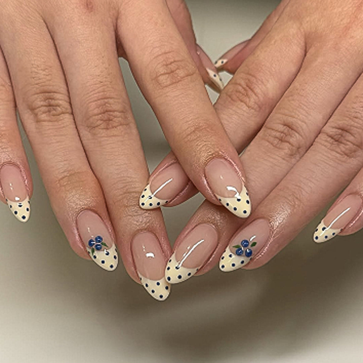 Charming Floral Design Medium Almond Beige with Polka Dots and Elegant Blue Accents Press On Nail Set