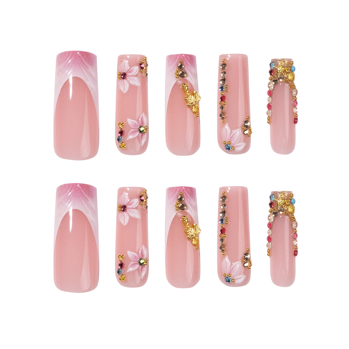 Blossom Dream Long Square Pink with Floral Accents and Gemstone Embellishments Press-On Nail Set